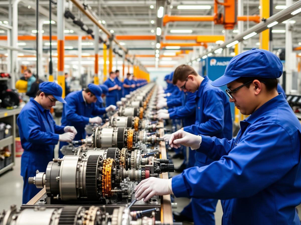 Engineers programming a control panel on a production line